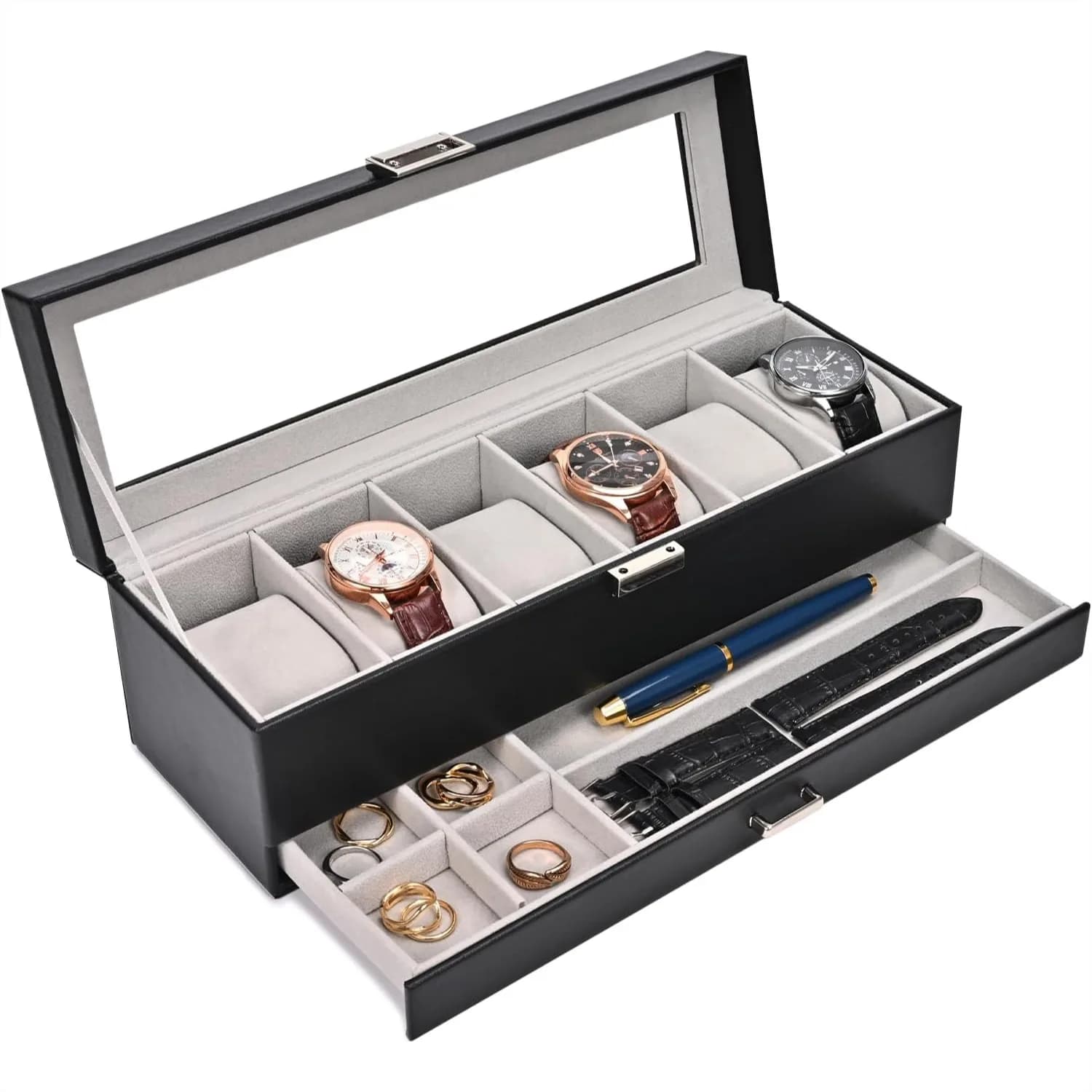 Watch Box with 6 Slots and Drawer, 2-Layer Mens Watch Case with Glass Lid for Storage and Gift Giving, Black