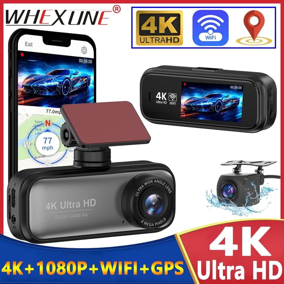 Dash Cam UHD 4K for Cars with Night Vision, GPS Integrate, WiFi, Continuous Recording 24h, Double Lenten 4K Front and 1080P Rear