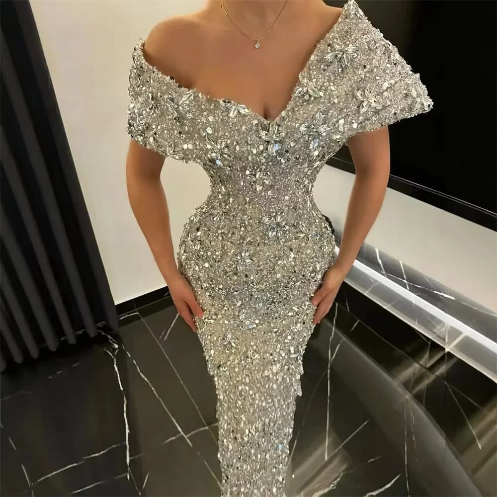 Sparkly Long Prom Dresses For Black Girls Off The Shoulder Beaded South African Evening Gowns Birthday Party Robe Customized