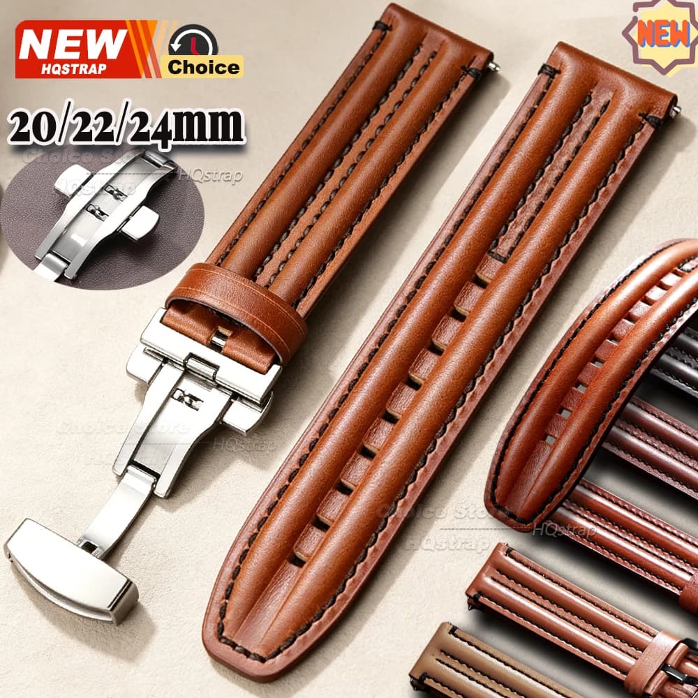 Cinturino Impermeabile con Chiusura a Farfalla per Uomo, 20mm 22mm 24mm, Cinturino in Pelle a Sgancio Rapido per Smartwatch, Bracciale per Seiko e Rolex