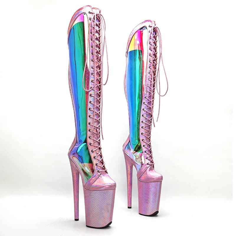 Leecabe 23CM/9inches Snake Pink holographic Upper fashion lady High Heel platform Pole Dance boots