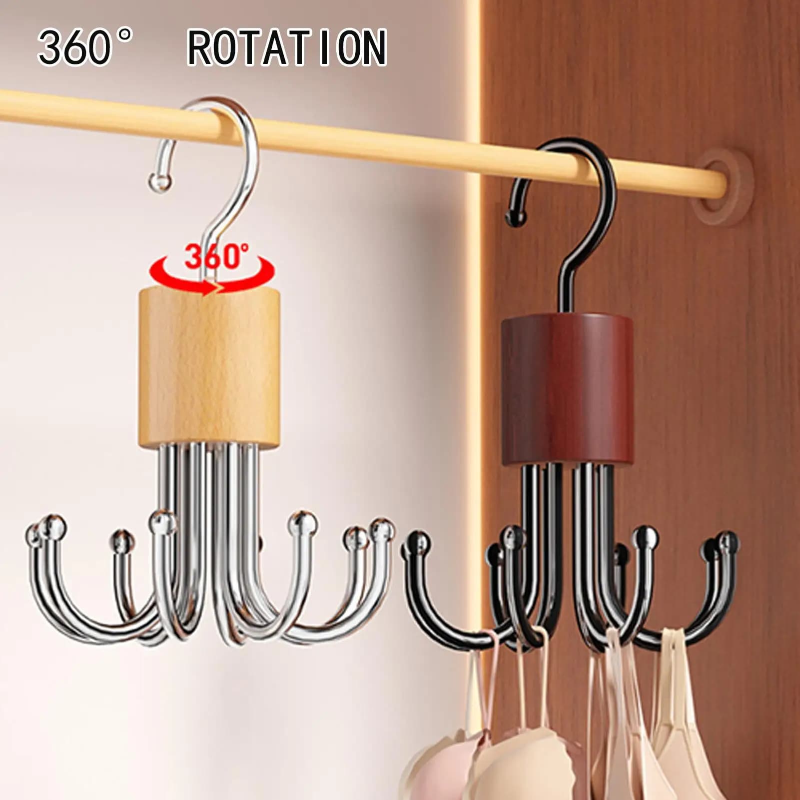Scarf Hanger Wooden 360-Degree Rotatable 24 Storage Capacity Tank Top Organizer for Belt Tie Hand Bags Home Bedroom Wardrobe