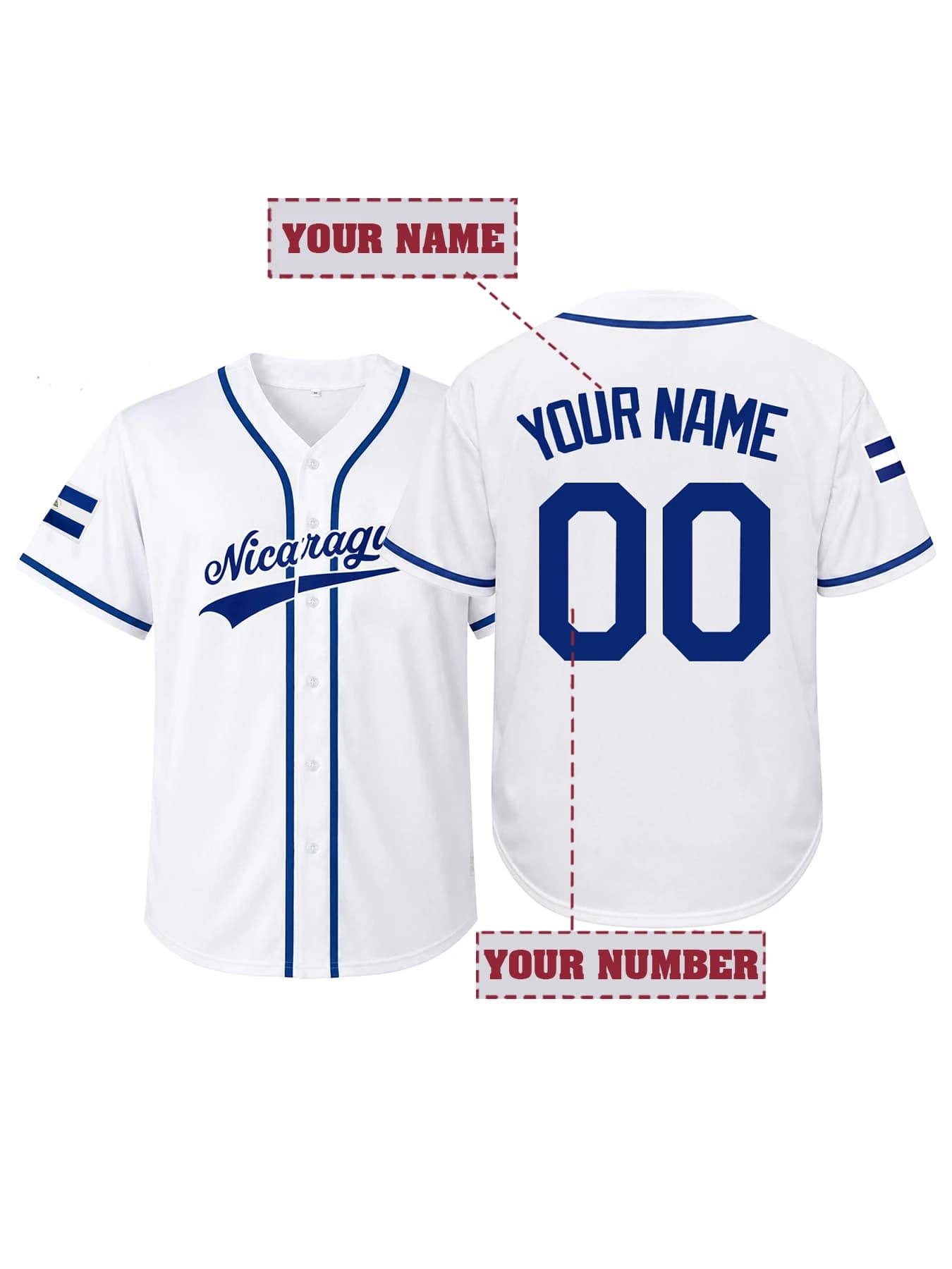 Custom Nicaragua Baseball Jersey Embroidered Personalized Name Number Men Women Sports Shirt Casual Fan Jersey