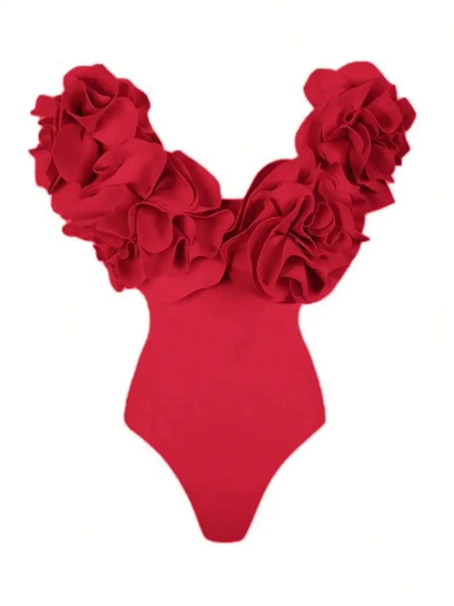 Costume intero a tinta unita da donna con top senza spalline floreale 3D e taglio alto sulla gamba