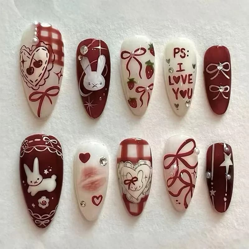 24pcs Cute Little Rabbit Strawberry Bow Pearl Nail Art Love Sparkling Diamond European and American Ins Style Detachable Wearing Armor