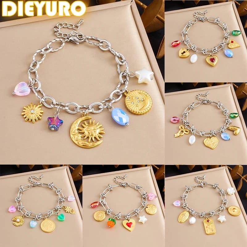 DIEYURO 316L Stainless Steel Flower Rhinestone Pendant Bracelet For Women Fashion New Jewelry Gift With Classic Wrist Chain