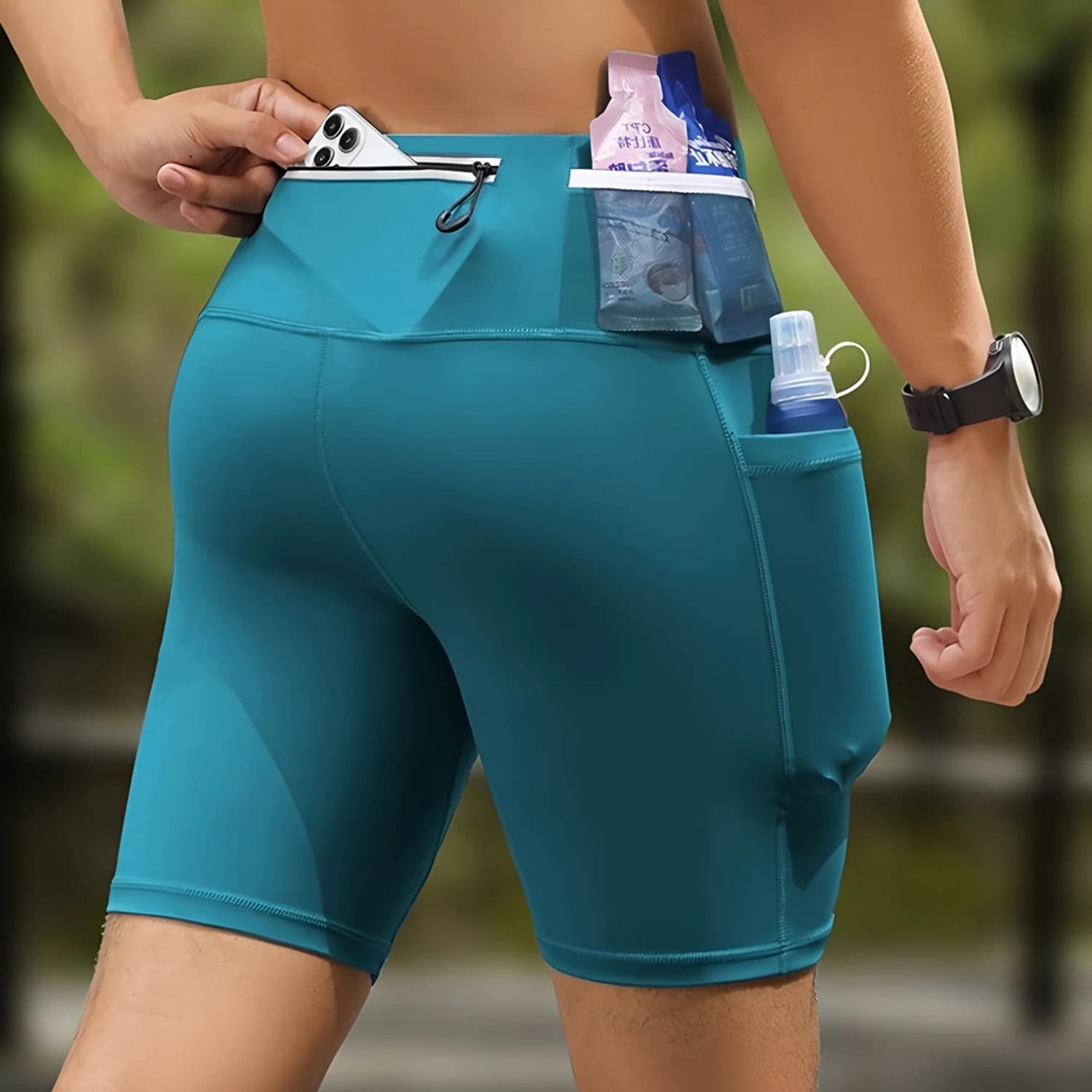 Mens Mul-Pockets Compression Riding Cycling Shorts Running Exercise Jogging Fitness Tights Shorts Quick Dry Elastic 6 Pockets