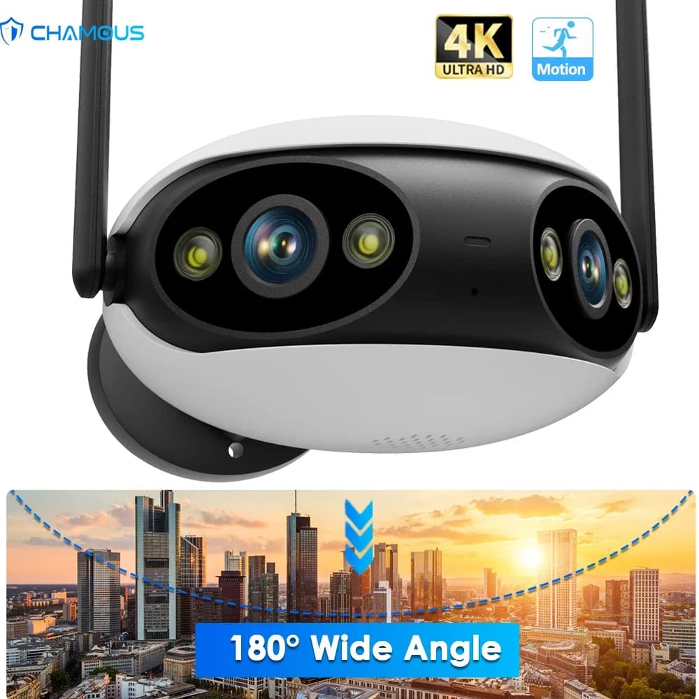 Telecamera di Sicurezza WiFi 4K 8MP con Doppia Lente per Esterni, Videocamera di Sorveglianza 180° ° Webcam Panoramica ad Angolo Ampio per Casa Intelligente con Porta USB