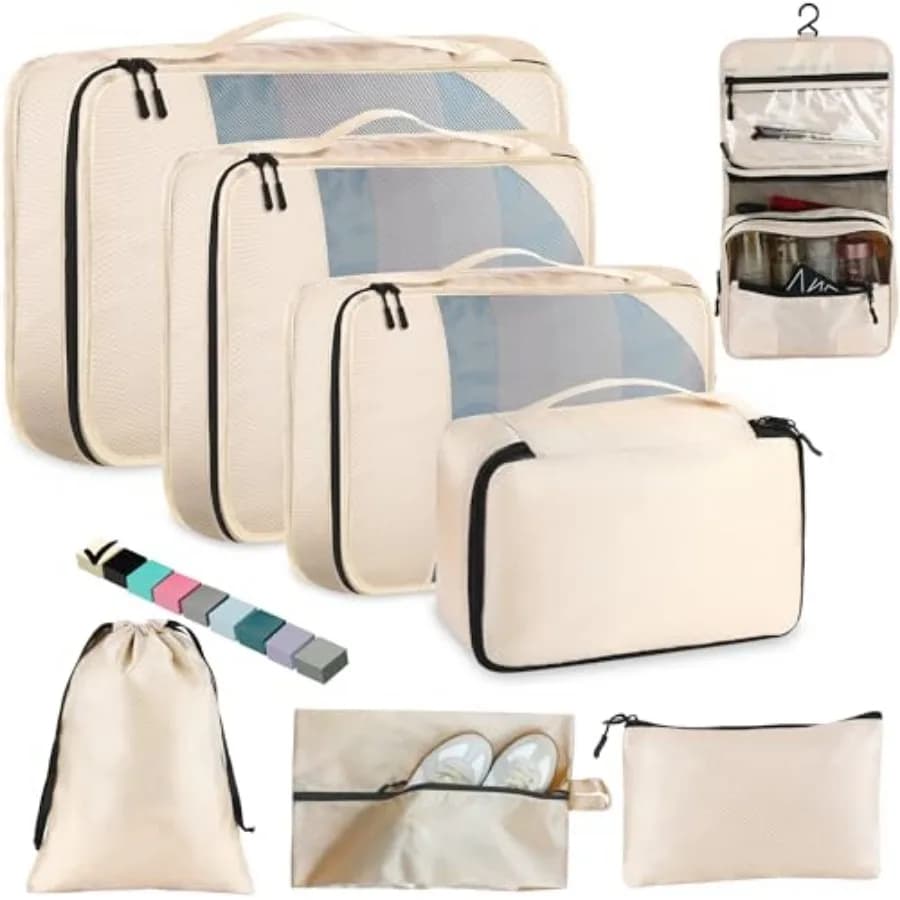 8-Piece Packing Cubes for Travel, 2026 Upgraded Durable Zippers and Reinforced Mesh, Complete Luggage Organizer Set with Shoe/T