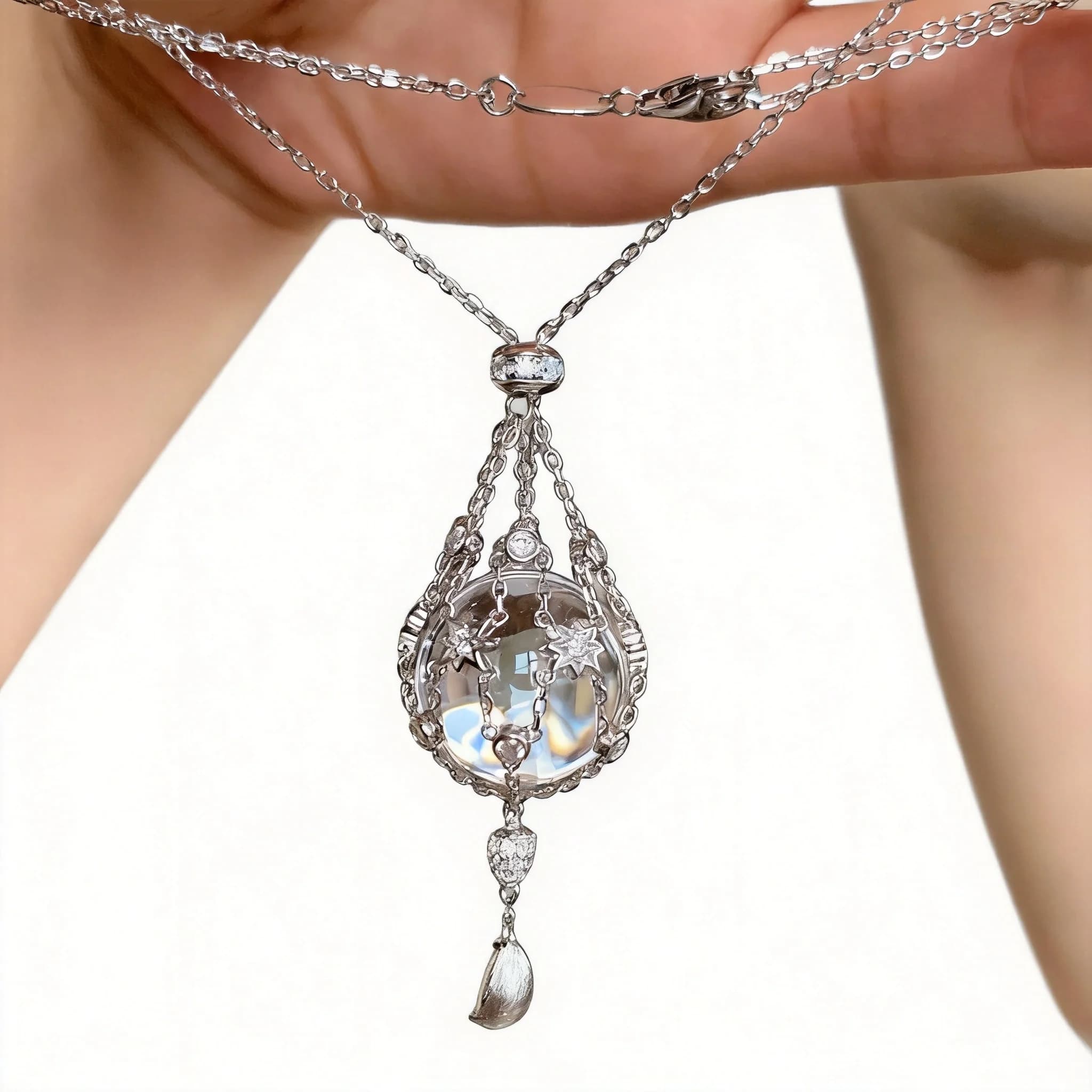 Chinese Style Lucky Clear Quartz Starburst Net Pocket Pendant Adjustable Retractable Clavicle Necklace For Women Blessing Fortun