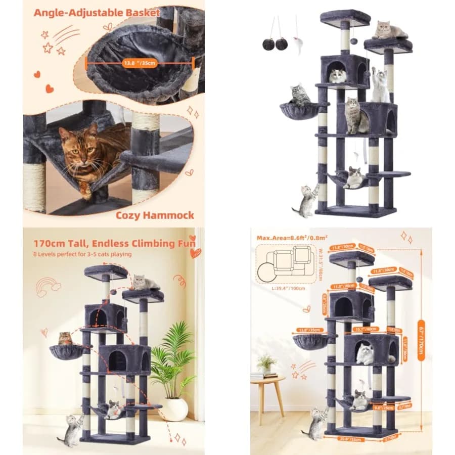 Albero per gatti, torre per gatti da 66,2 cm per gatti da porta, cuccia multi-livello in peluche con 7 posti per grattare, 2 posatoi, 2 grotte, amaca, 2 lettini