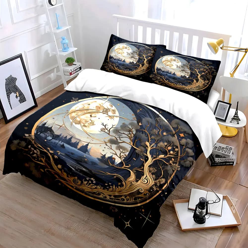 Set di biancheria da letto Moonlit Forest Artistic Home Decor con 1 copripiumino e 2 federe, singolo, matrimoniale, king, queen, regalo