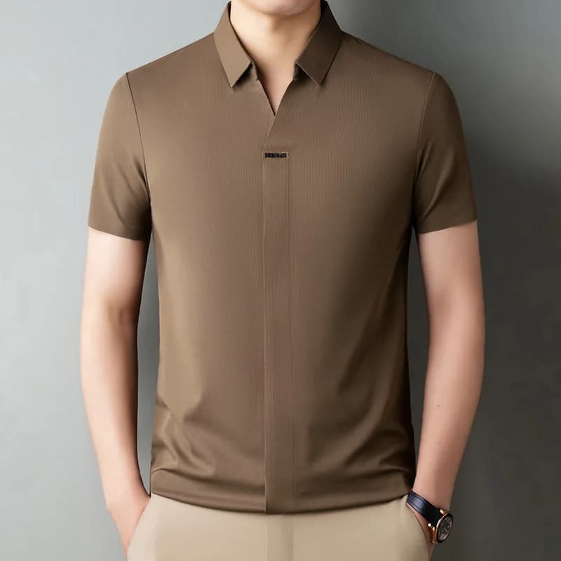 Ice Silk Short Sleeve Shirt for Men Casual Thin Pure Color Mid-Year New Style Polyester Fiber Printed T-Shirt