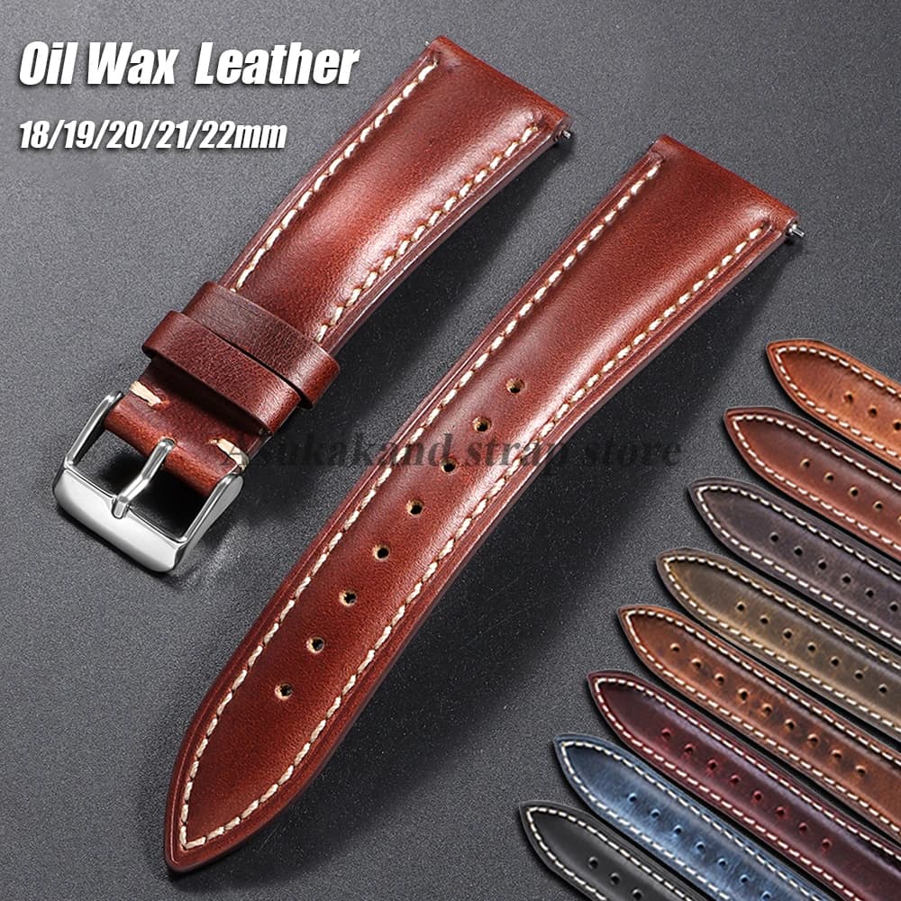 Universal 18mm 20mm 22mm 19mm 21mm Brown Vintage Oil Wax Leather WatchStrap Head Layer Cowhide Watchband Accessories Pin Buckle