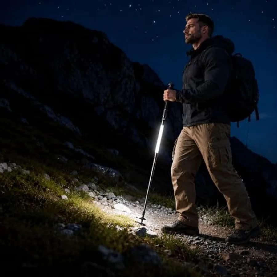 LED Trekking Pole, USB-C Rechargeable Hiking Walking Stick with Bright White Red Light, Serrated Tool, Flinstone, Emergency Whi
