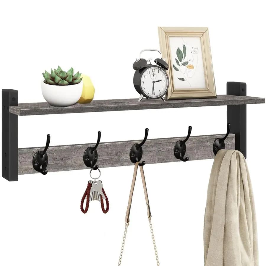 Wall Hooks with shelf, 24 Inch Wall Hangers for Entrance, Clothes, Backpack, Keys, Bag, Floating Pad for Bathroom