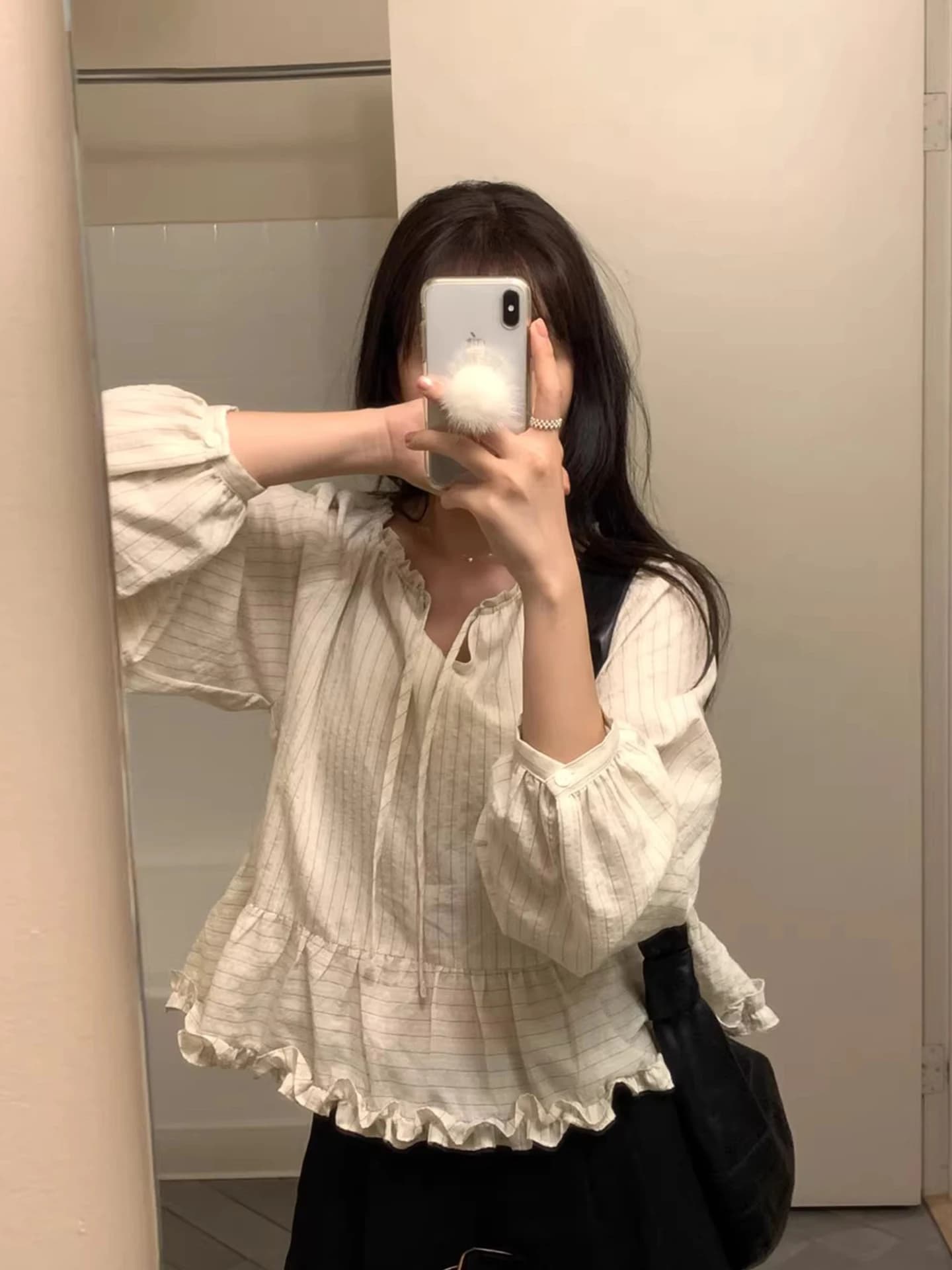 Liangliang Summer New Gentle Wind Striped Earlet Ruffle Splicing V-neck Belted Long Sleeve Doll Shirt Women's Fashion Polyest...