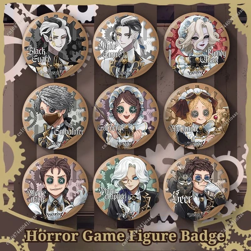 75MM Identity V Distintivo di gioco Avventura Thriller Horror Figura di cartone animato Spilla rotonda Spilla Zaino Abbigliamento Accessori Regalo per i fan del gioco