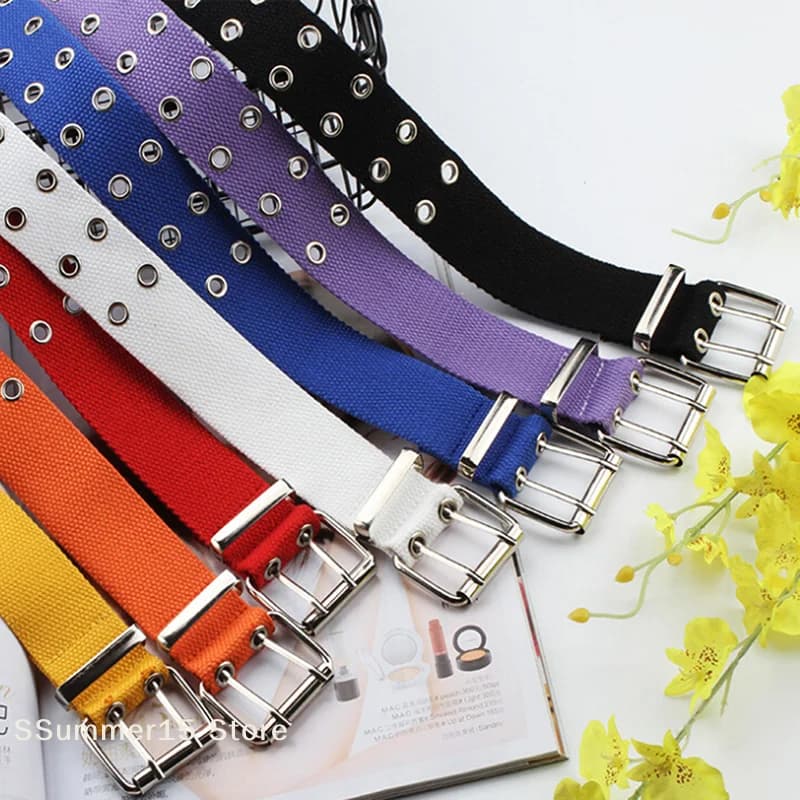【R】Women Studded Grommet Hole 2 Row Pin Buckle Canvas Nylon Belt Waistband 105cm