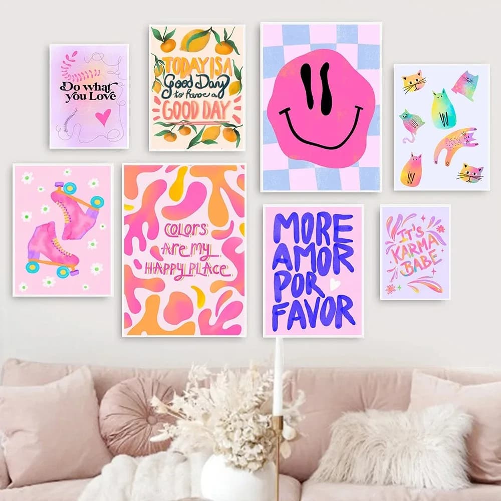 Lemon Pink Roller Skates Poster Canvas Painting Smiley Cats Rainbow Quote Modern Print Wall Living Room Home Decor
