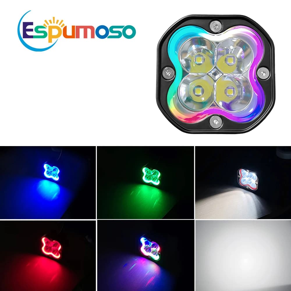 Faro LED da 3 Pollici RGB con Effetto Halo, Luce Fendinebbia per Fuoristrada 4x4, Faro di Guida con Flash Stroboscopico 12V 24V per Auto, Camion, ATV, UTV, Moto