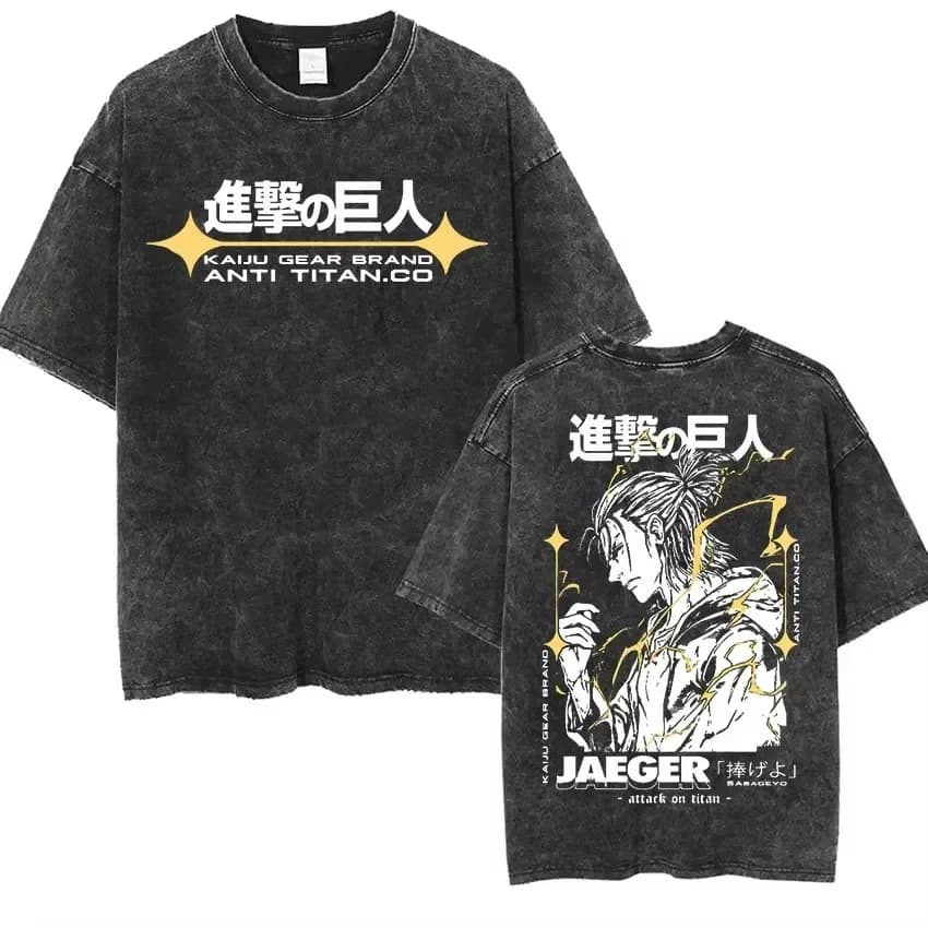 Lavato Vintage Anime Attack on Titan Eren Jaeger Scheletro T-shirt grafica da uomo Cartoon Manga Trend T-shirt T-shirt in cotone da uomo
