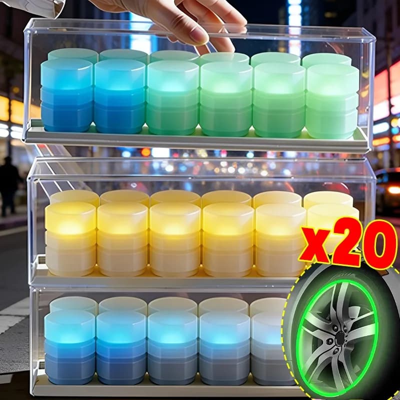 Tappi Valvola Luminosi al Buio per Auto, Impermeabili e Antipolvere, Coperture Luminose per Pneumatici di Moto, Biciclette e Camion, 20/1pz