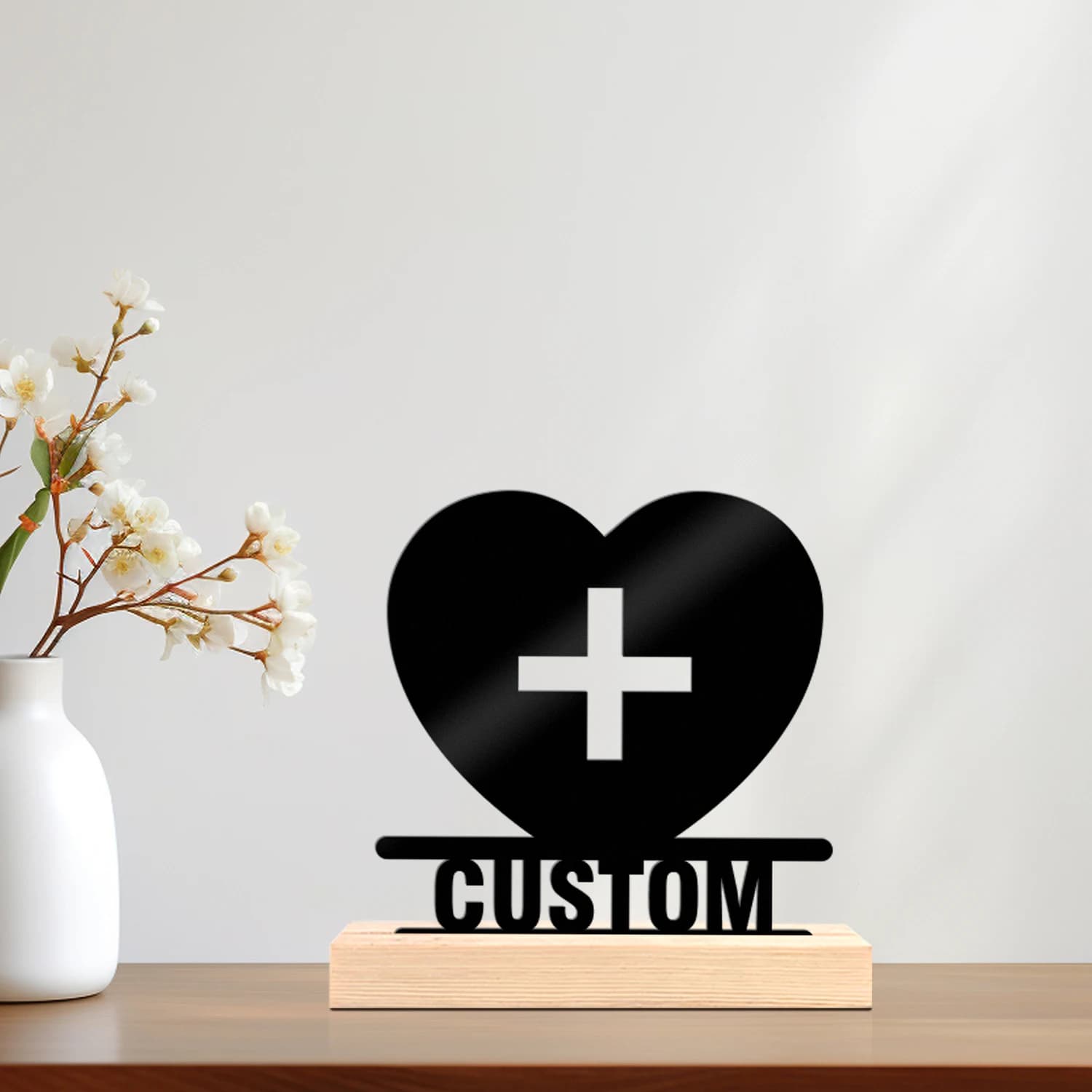 1pc Customizable Metal Desktop Ornaments Custom Content With Wooden Base Art Decoration, Desktop Decoration
