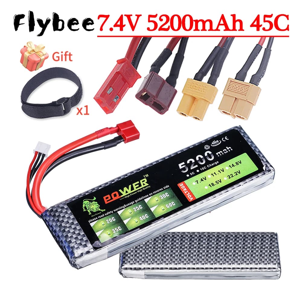 Batteria Lipo 2S 7.4V 5200mAh 45C con Deans T JST XT30 XT60 per aereo RC elicottero Drone Quad FPV modello Racing Hobby