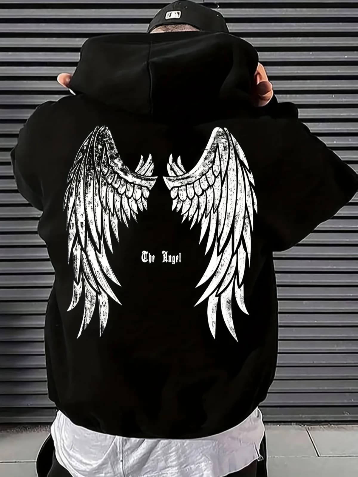 Tasca a marsupio alla moda da uomo con cappuccio nero stampato con motivo a piume d'angelo, adatto per street style, regalo ideale per i festival
