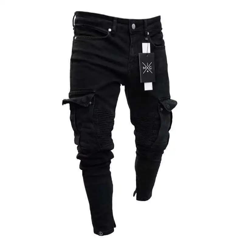 American European 2025 Moda Uomo Nero Tinta unita Casual Trendy Slim Multi Pocket Hole Patched Jeans Pantaloni a matita Uomo