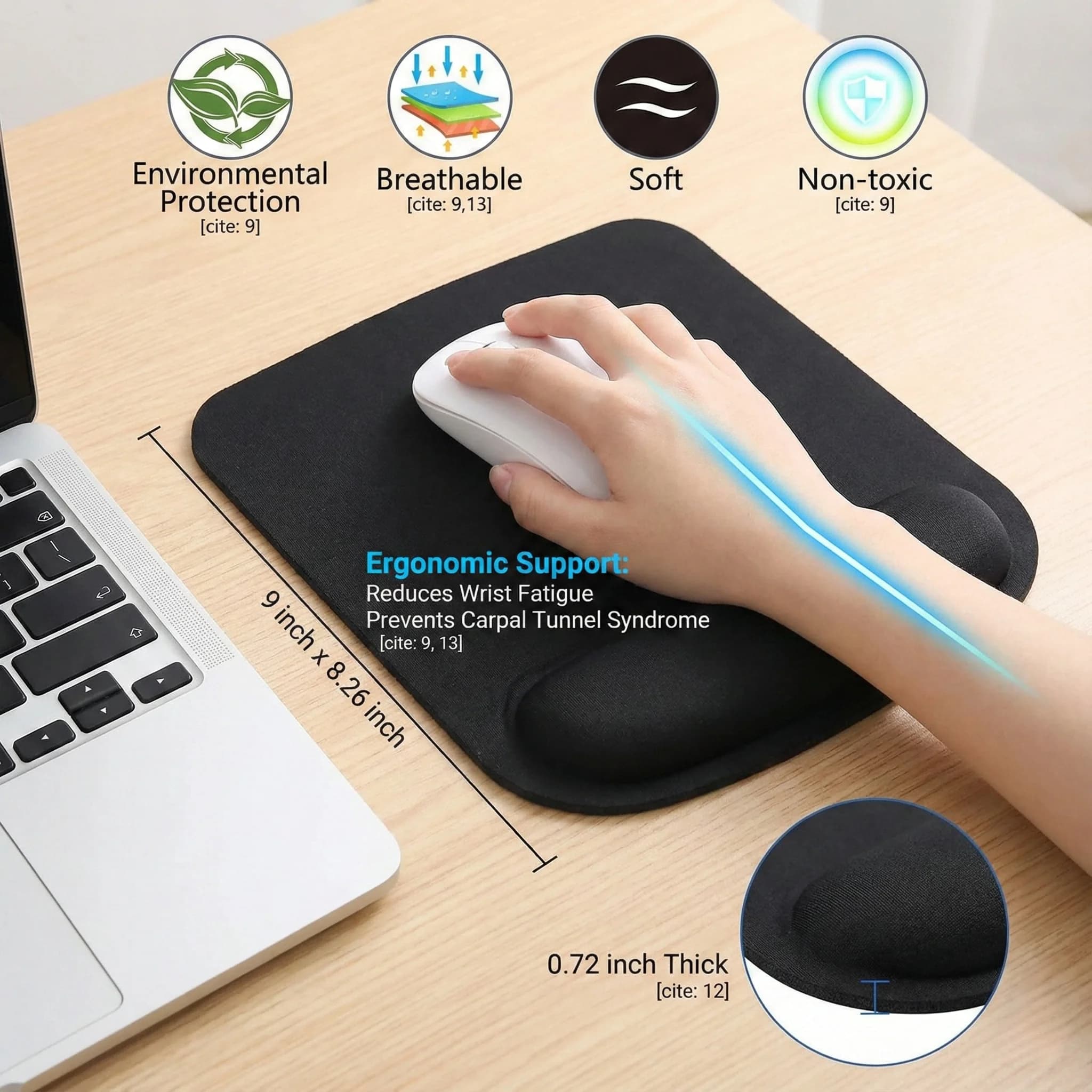 Tappetino per mouse ergonomico da 9x8,26 pollici con poggiapolsi - Supporto traspirante per alleviare l'affaticamento del polso