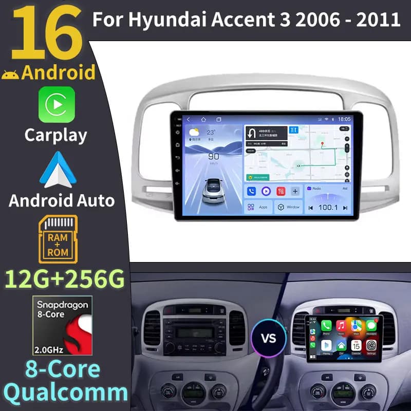 Autoradio Multimediale con Navigatore GPS Android 16 per Hyundai Accent 3 2006-2011, Senza 2din, con BT, 5G, WIFI