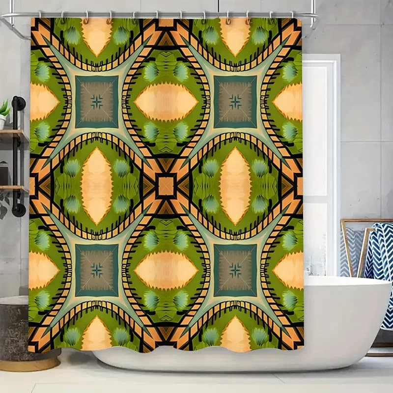 Decorazione moderna per tende da doccia geometriche con motivi simmetrici Tessuto impermeabile arancione verde blu per bagni