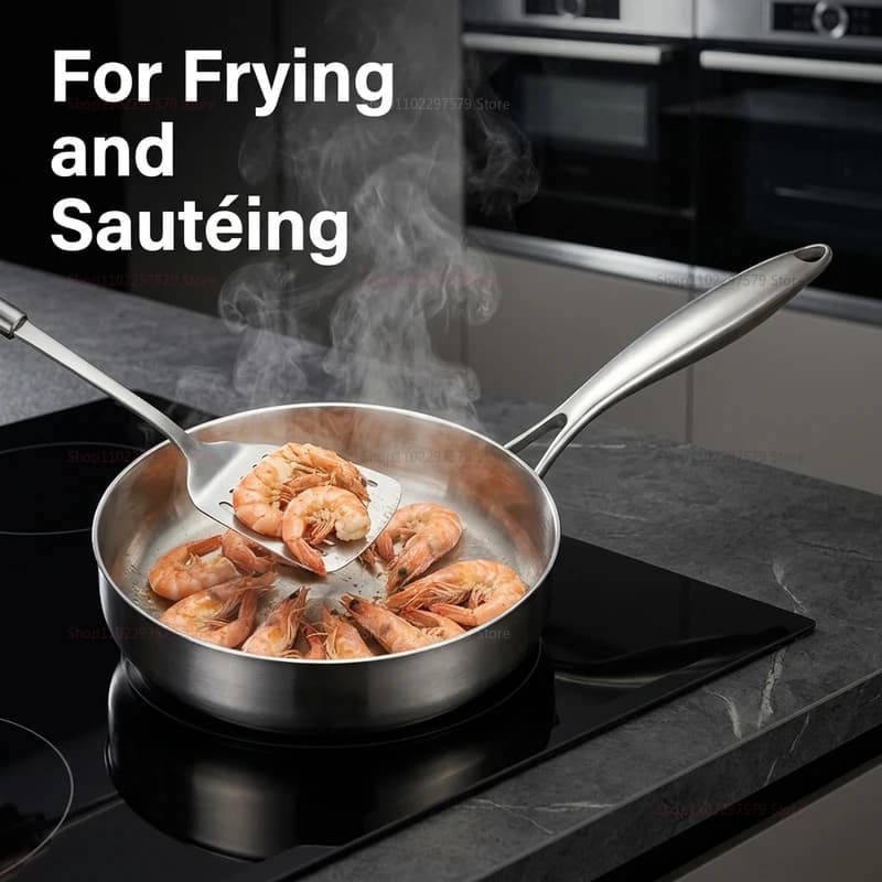 Deepened Stainless Steel Skillet, Uncoated Non-stick Cooking Wok, Universal Kitchen Cookware Compatible with Induction Cookers