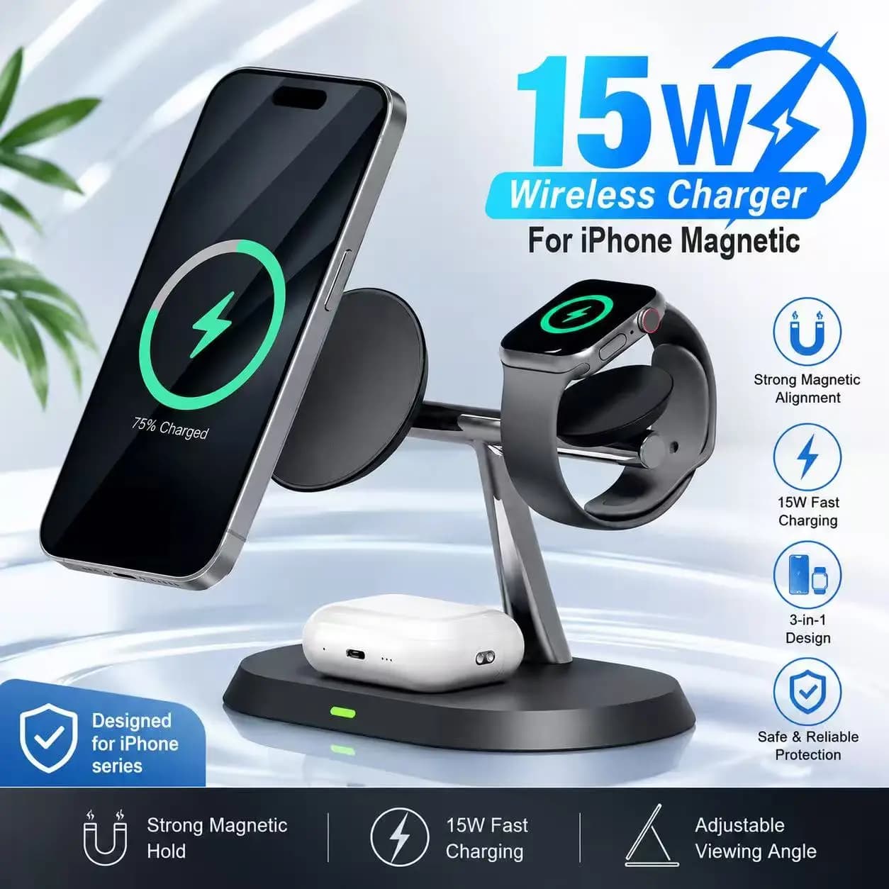 Support for 3 in 1 magnetic wireless charger for iPhone 12 14 15 16 Quick charging station for Apple Watch 9 8 7 6 5 Airpods 2 3 Pro