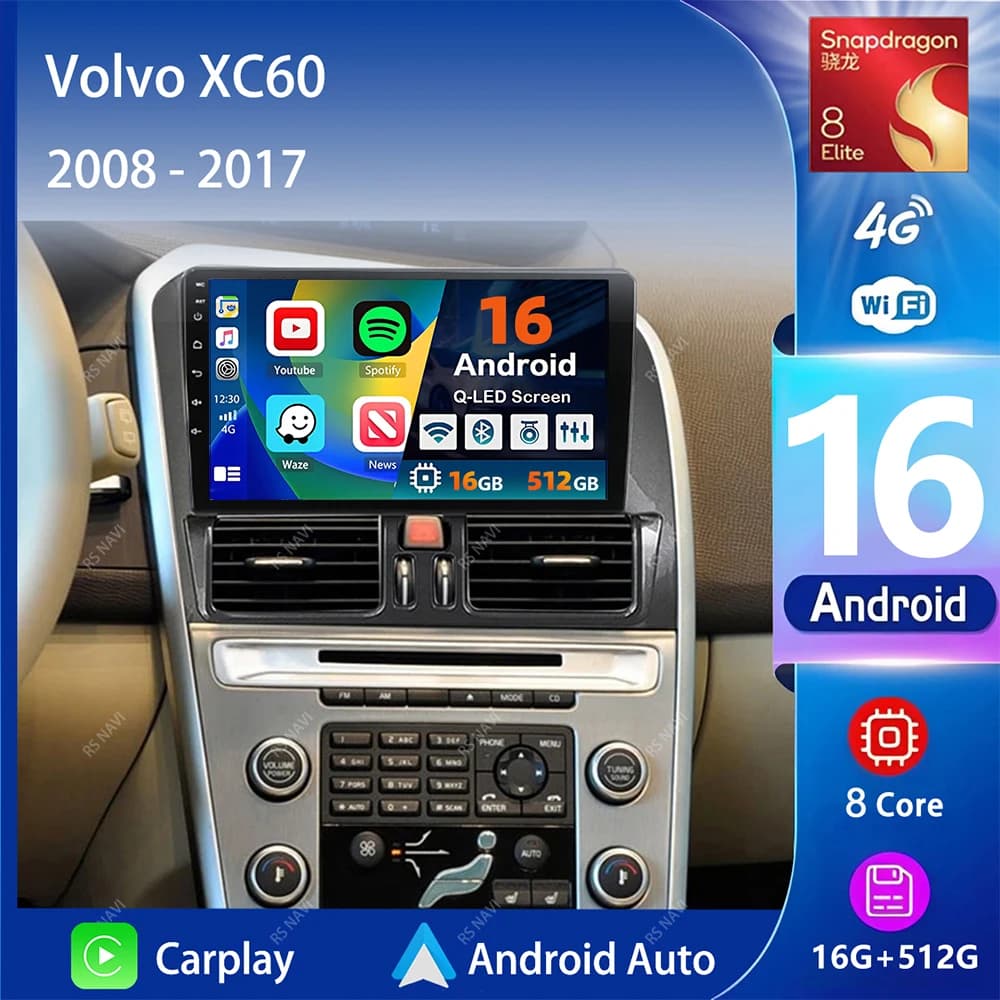 Autoradio Multimedia Android 15 Plug and Play with Carplay for Volvo XC60 (2008-2017) - DSP, GPS, Stereo, Bluetooth