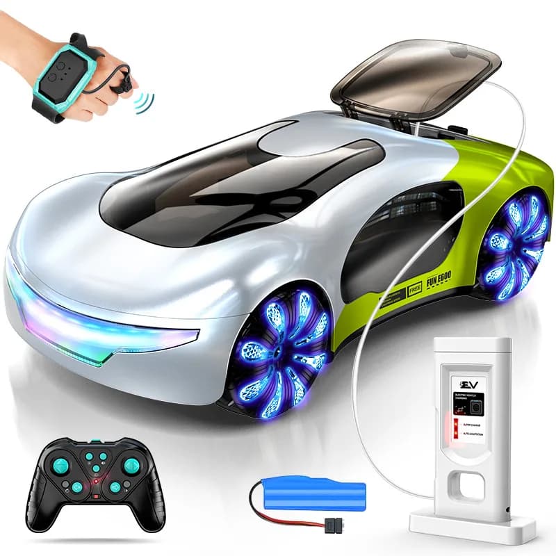 Auto Acrobatica RC con Spray Musicale, Controllo Gestuale 2.4G, Veicolo Concetto EV con Luci LED Lampeggianti, Giocattolo Drift per Bambini 6-12 Anni