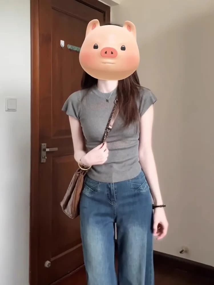 Korean Style Grey Short Sleeve T-Shirt Women's Fashionable Unique Beautiful Summer Thin Top round Neck Commute Style Slim Fit