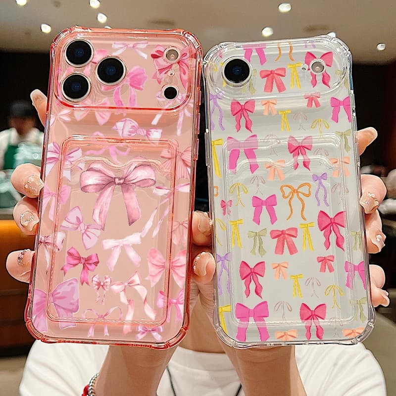 Card Pocket Bag Clear Phone Case For iPhone 17e 17 Pro Max 16 15 14 13 Pro Max 16e 11 Bowknot Patterned Soft Silicone TPU Cover