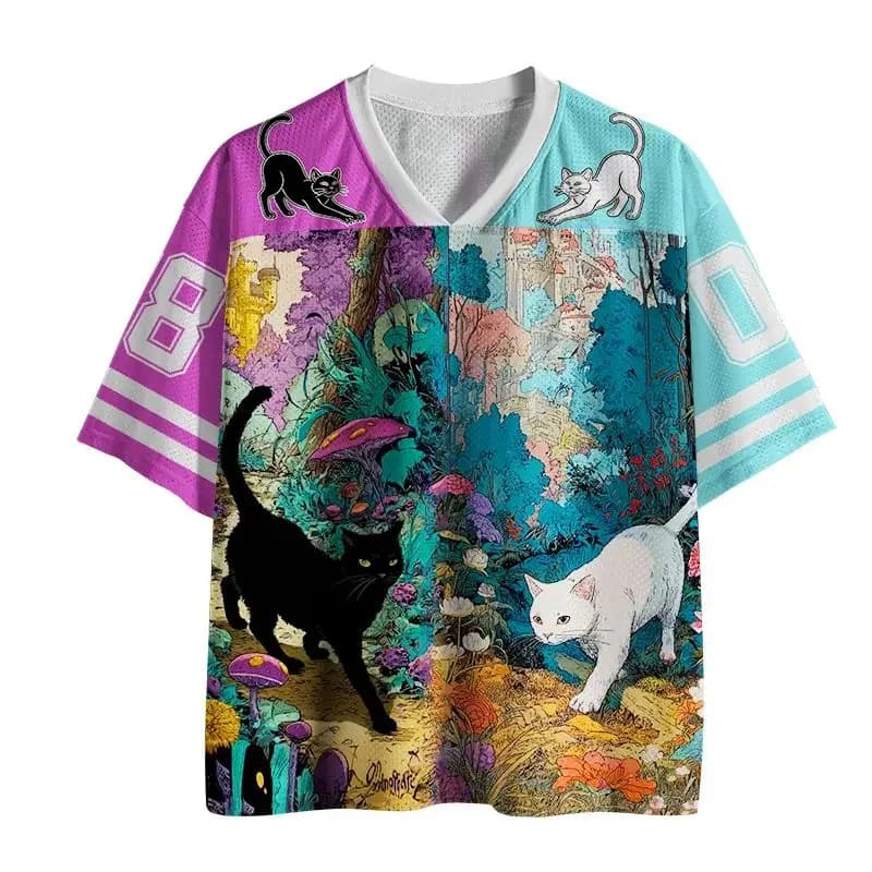 T-shirt in jersey a rete con gatto Yin Yang in bianco e nero, illustrazione foresta delle fiabe, camicia a maniche corte con scollo a V