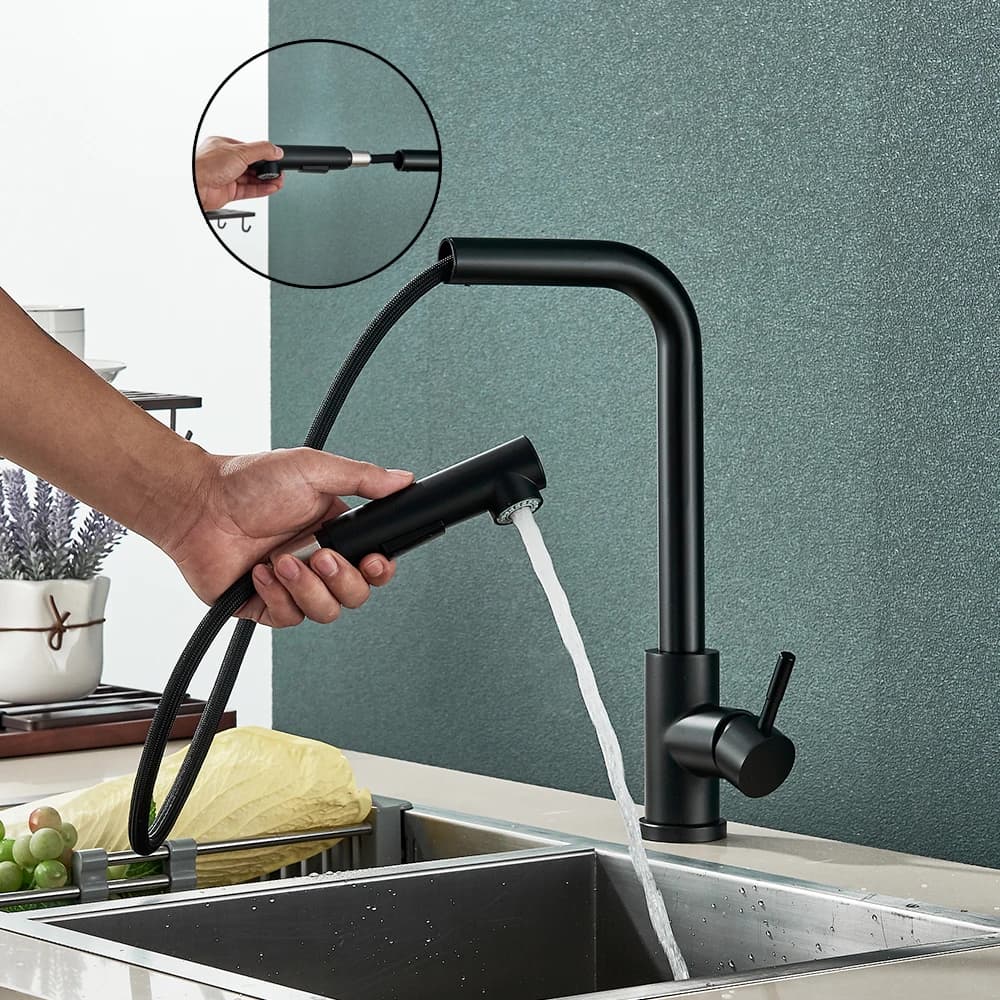 Rubinetto da cucina estraibile Adea nero, due modelli, con doccetta spray, in acciaio inossidabile, miscelatore acqua calda e fredda, da piano