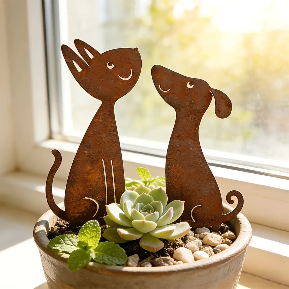 CIFBUY Iron Garden Stakes Rust Cat Dog Silhouette Yard Decor Potted Plant Balcony Landscaping Cute Pet Hanging Ornament
