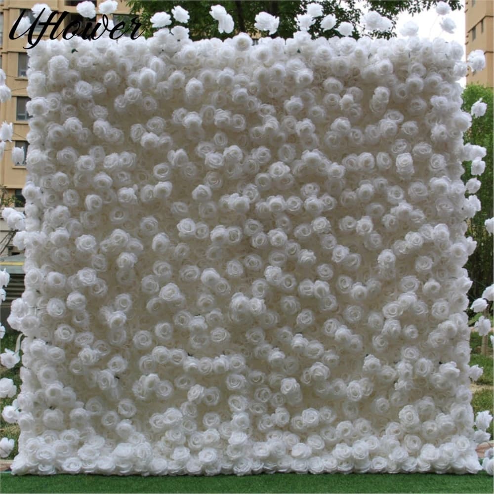 Uflower Beautiful Wedding Collection 3D White Rose Cloth Curtain Flower Wall Wedding Backdrop Plants Wall Party Stage Prop