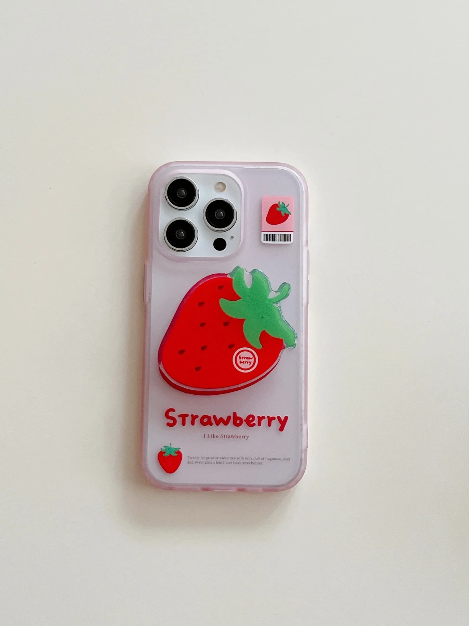 Light Pink Semi Clear Case Cartoon Strawberry Print 3D Strawberry Mirror Ring Stand Shockproof Soft Cover For iPhone 14/15/16