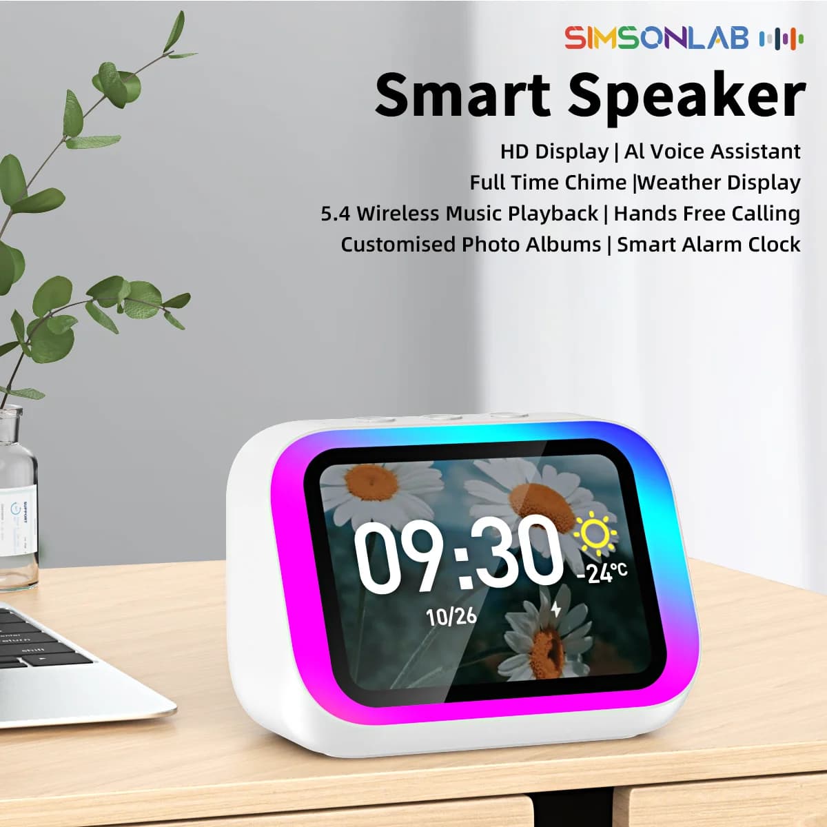Altoparlante Intelligente AI con Assistente Domestico, Centro Audio HD, Schermo Grande, Altoparlante ad Alta Potenza, Album Fotografico Elettronico, Illuminazione a 7 Colori, Ideale come Regalo