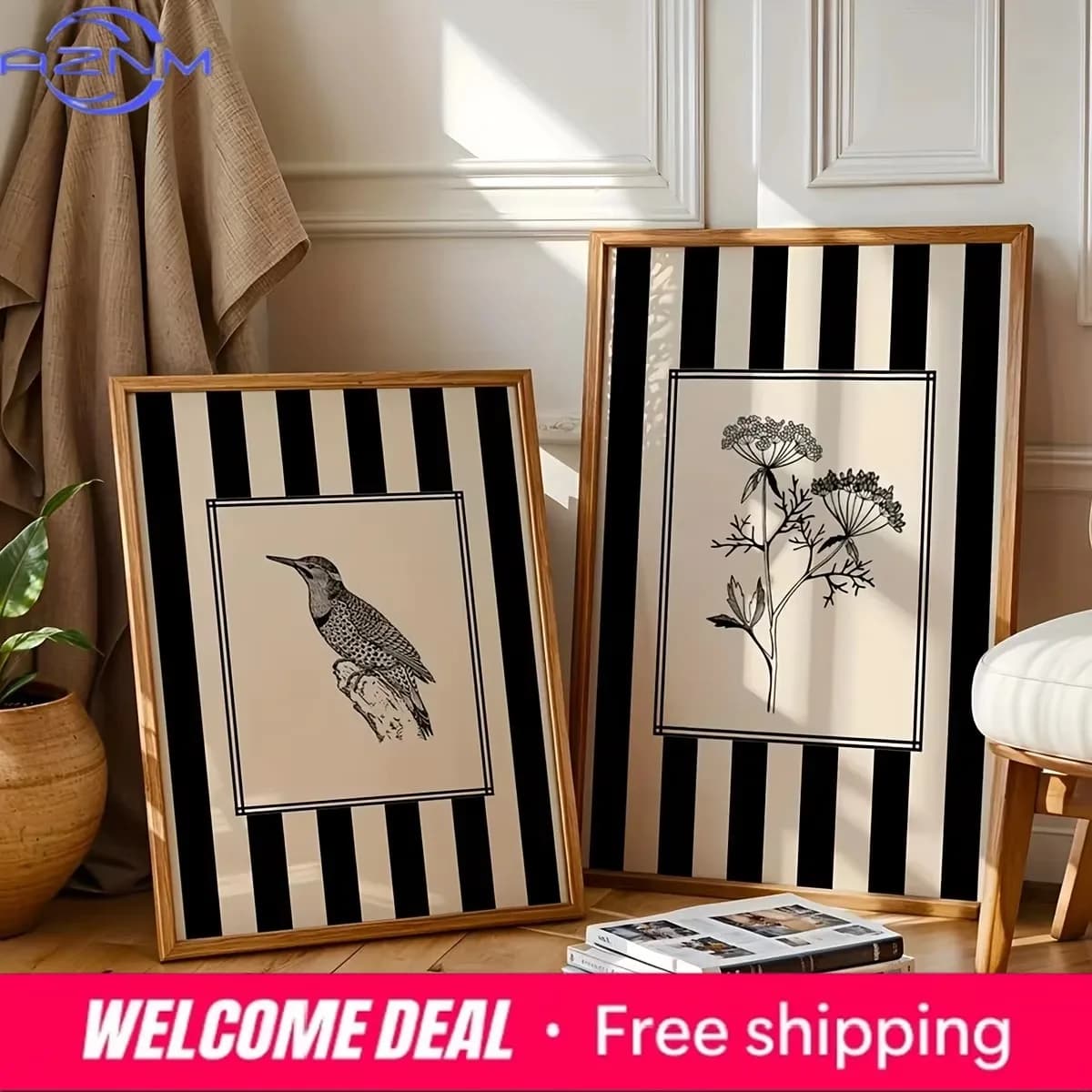 2pcs No frame Black Bird Floral Wall Art, Minimalist Nature Line Drawing Prints Canvas Posters for Office Bedroom Decor