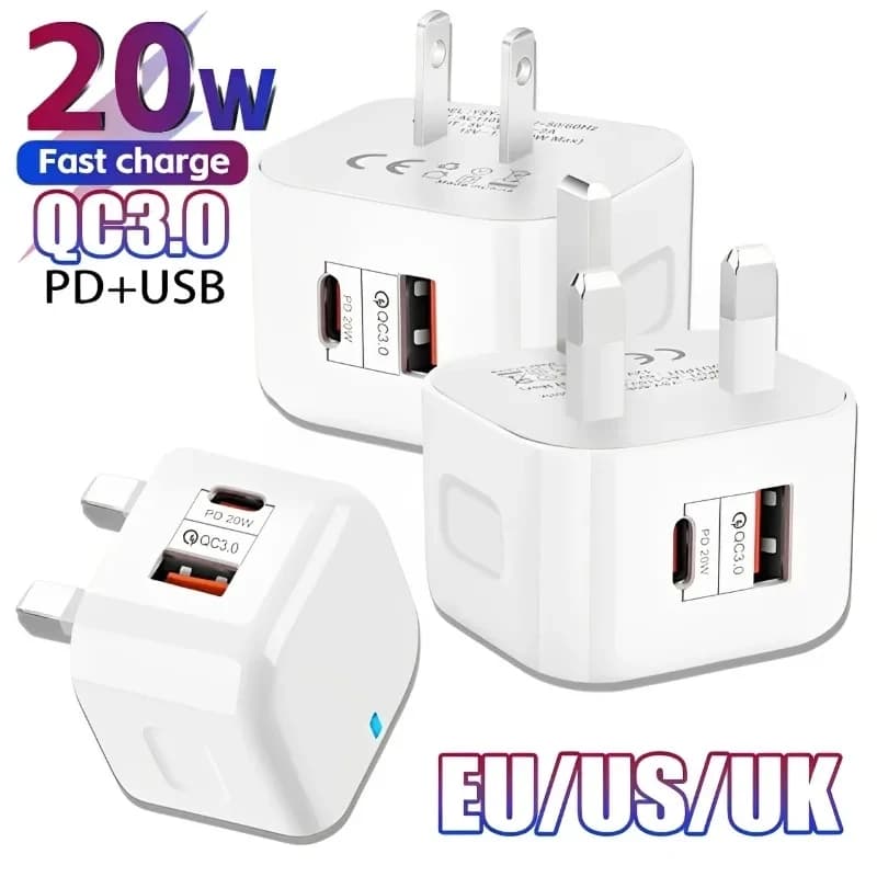 Caricabatterie da Muro EU US UK 20W con Doppia Porta USB-C PD, Adattatore di Ricarica Rapida per iPhone 11 12 13 14 15 16 17 Samsung
