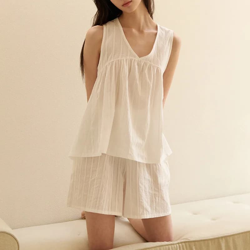 Pigiama da Donna in 100% Cotone Jacquard, Set Due Pezzi Estivo, Nuovo Completo Casual con Top Senza Maniche a Collo a V e Pantaloncini Larghi, Abbigliamento da Casa