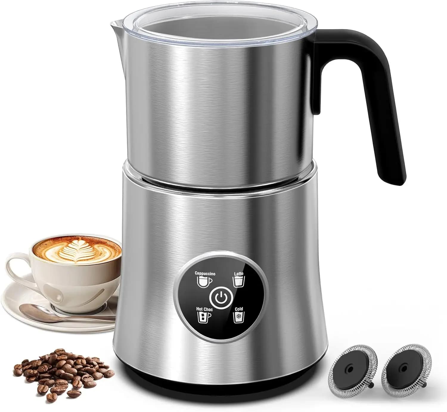 Montalatte e Vaporizzatore Elettrico, Schiumatore 4-in-1 per Schiuma Calda e Fredda, Caraffa Rimovibile in Acciaio Inox, 500ml